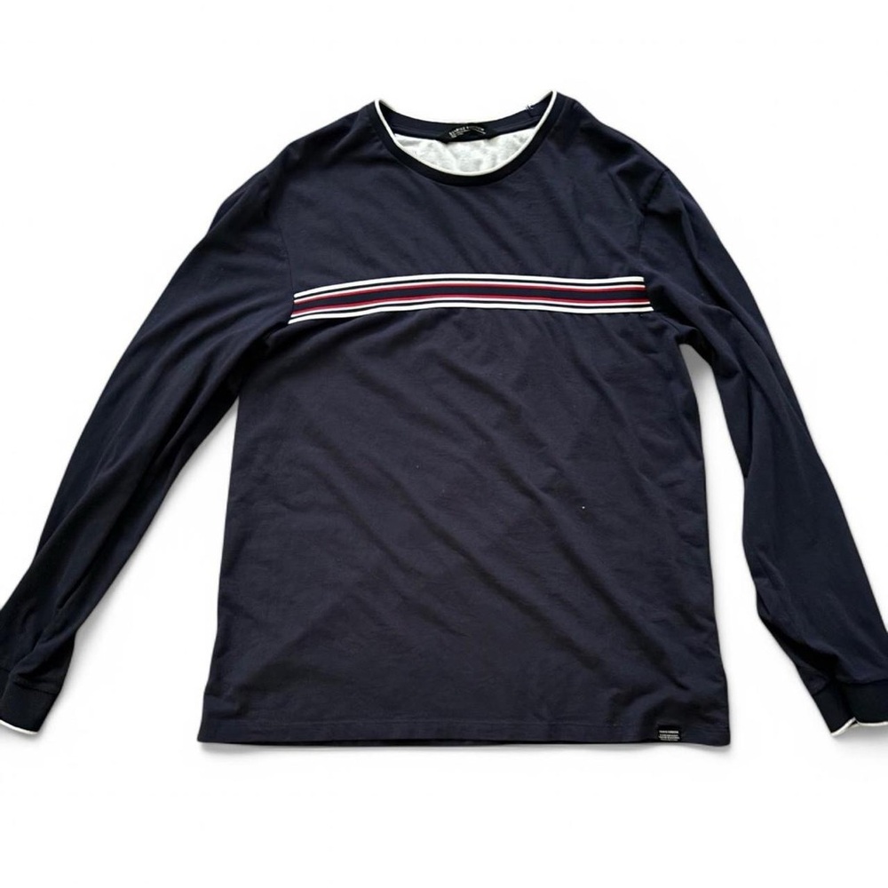 Blue and Red Long Sleeve Tee with Sporty Stripes